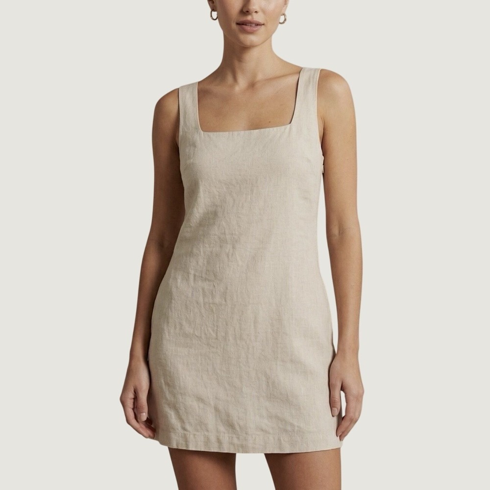Abercrombie & Fitch Linen-Blend Square Neck Mini Dress Med Minimalist Coastal